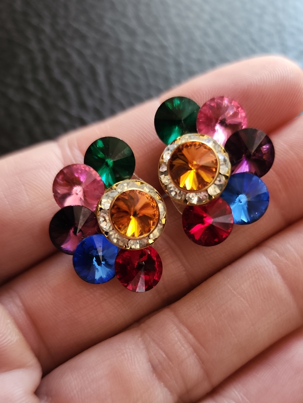 VTG Multicolor Crystal Cluster Stud Earrings with Gold Accent